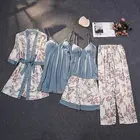 Пижама женская шелковая, на бретелях-спагетти, с подкладками для груди, с цветочным принтом, из 4 предметов, для весны и осени, 2021
