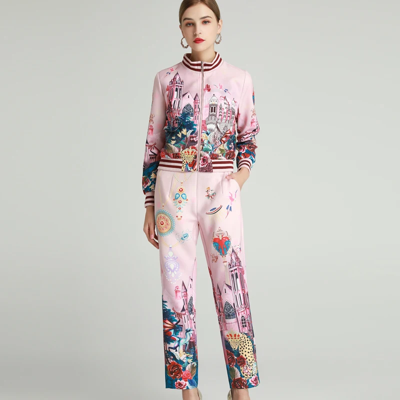 

2021 SPRING FLORAL PRINT BASEBALL COLLAR JACKET & PANTS SET