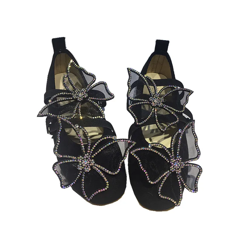 

Women's Ballet Flats Shoes Bowknot Diamond Lolita Flat Single Shoe Shallow Strap Ballet Shoes Handmade Butterfly Mary Janes Shoe
