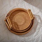 Круглая плетеная корзина для хранения фруктов, ротанговый поднос для хлеба ручной работы, поднос с деревянной ручкой