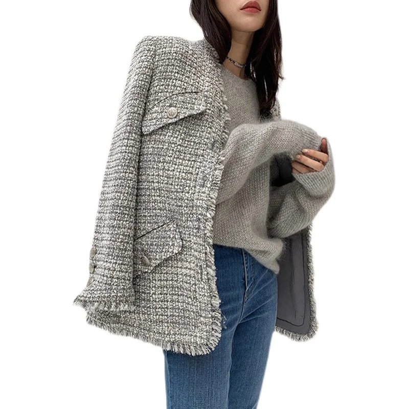 French style small fragrance tweed weave jacket women v-neck loose single breasted outwear