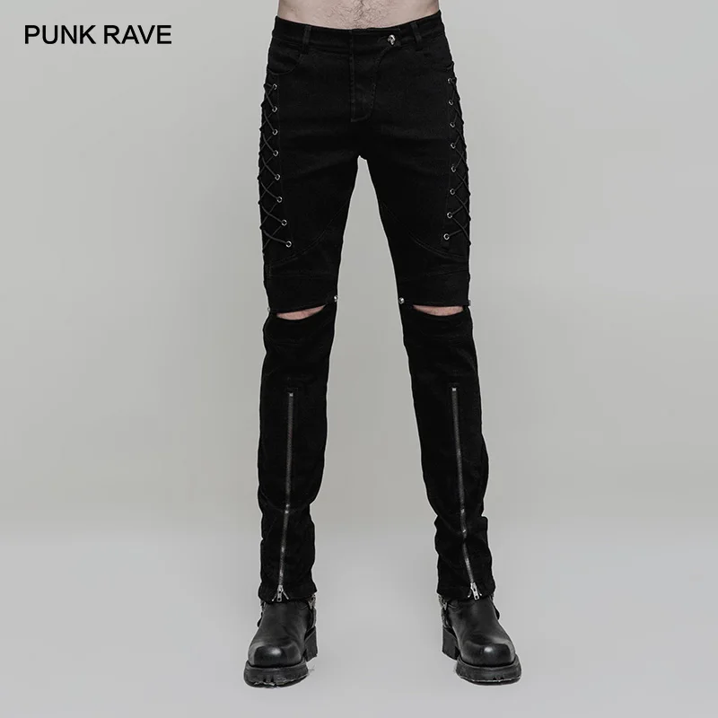 Панк рейв мужские панк Рок черные открытые до колена Красивые длинные брюки
