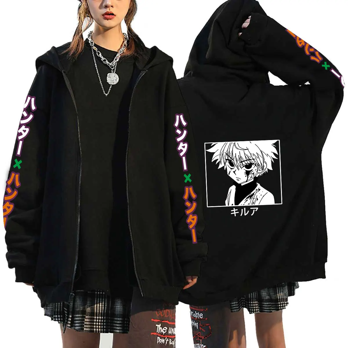 Hunter X Killua Zoldyck Zip Up Hoodies Streetwear Plus Size Jackets Coats Long Sleeve Fleece Zipper Anime | Женская одежда