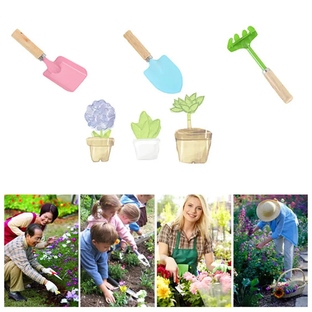 

3pcs Hot High Quality Kids Garden Tools Mini Metal Trowel With Wooden Handle Gardening Tools Trowel Rake Shovel For Children