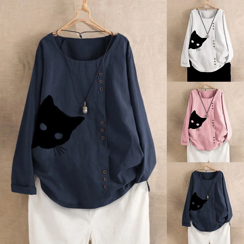 SAGACE большие размеры хлопок лен кафтан топы для женщин принт кота длинный рукав