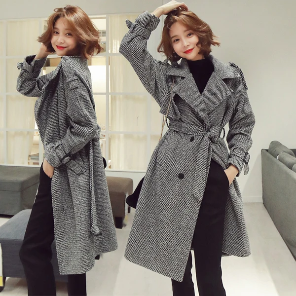 Korean Houndstooth Long Wool Coat Elegant Women Double-breasted Lapel Collar Sashes Pocket Plaid Loose Thick Woolen Outerwear