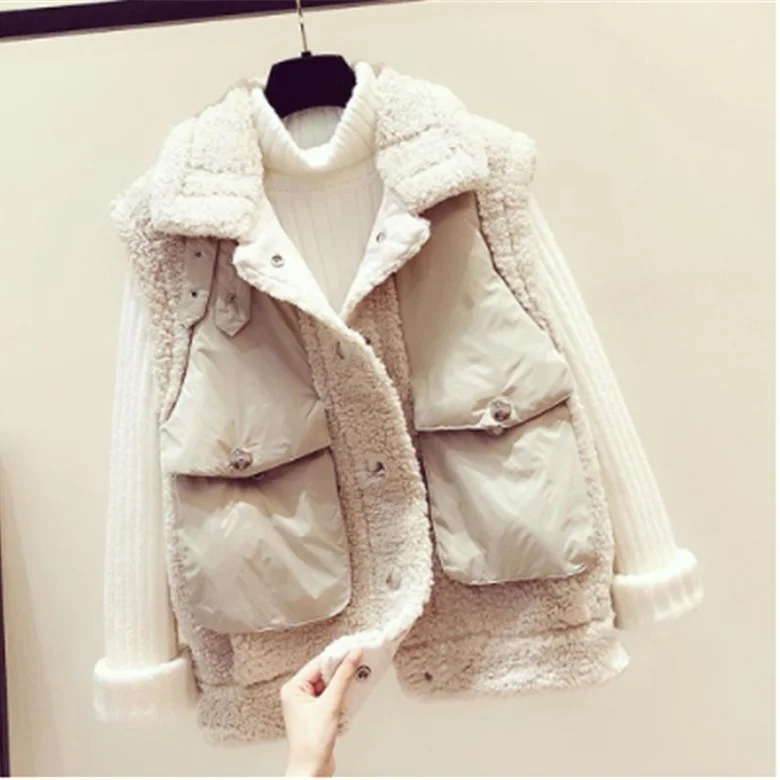 

Short trendy women's slightly fat mm imitation lamb wool cotton jacket women's jacket loose splicing cotton jacket waistcoat