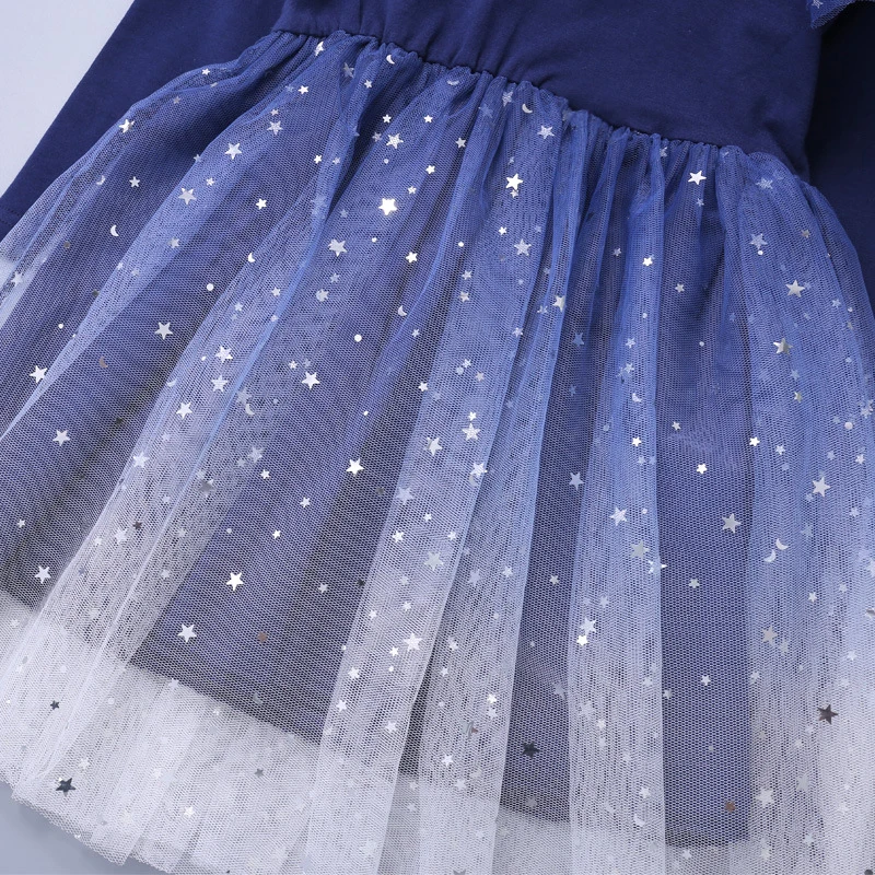 

Flofallzique 2020 Tutu Girls Dress Long Sleeve Starry Sky Gradient Color Tulle Shoulder Mesh Decoration Cute Casual Homewear