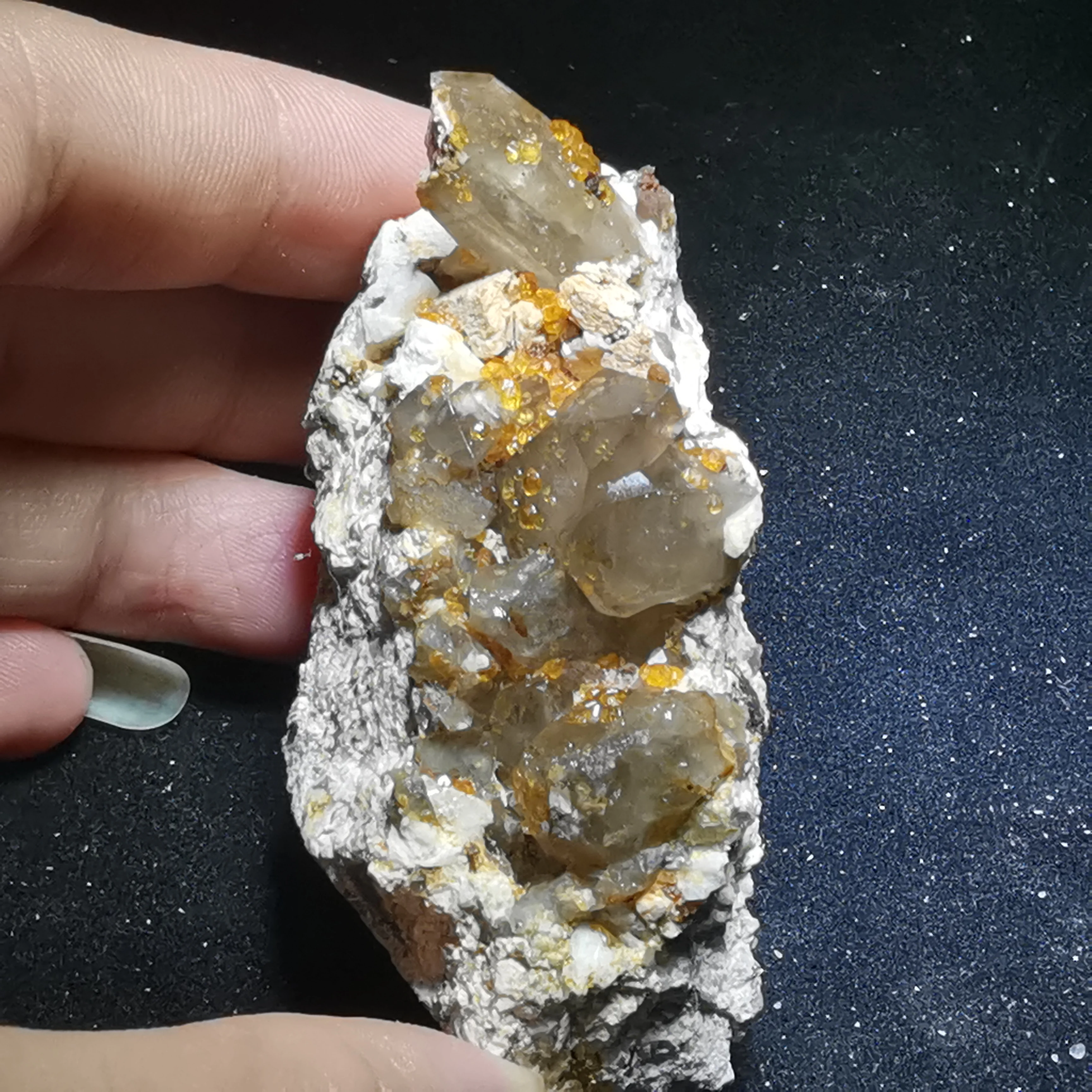 

68.5g.Rare natural garnet crystal hexagonal point feldspar mica brass multi mineral crystal symbiotic halo energy healing