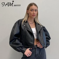cool street black leather jacket female windbreaker turn down collar zipper cardigan vintage outerwear casual coat fall iamhotty