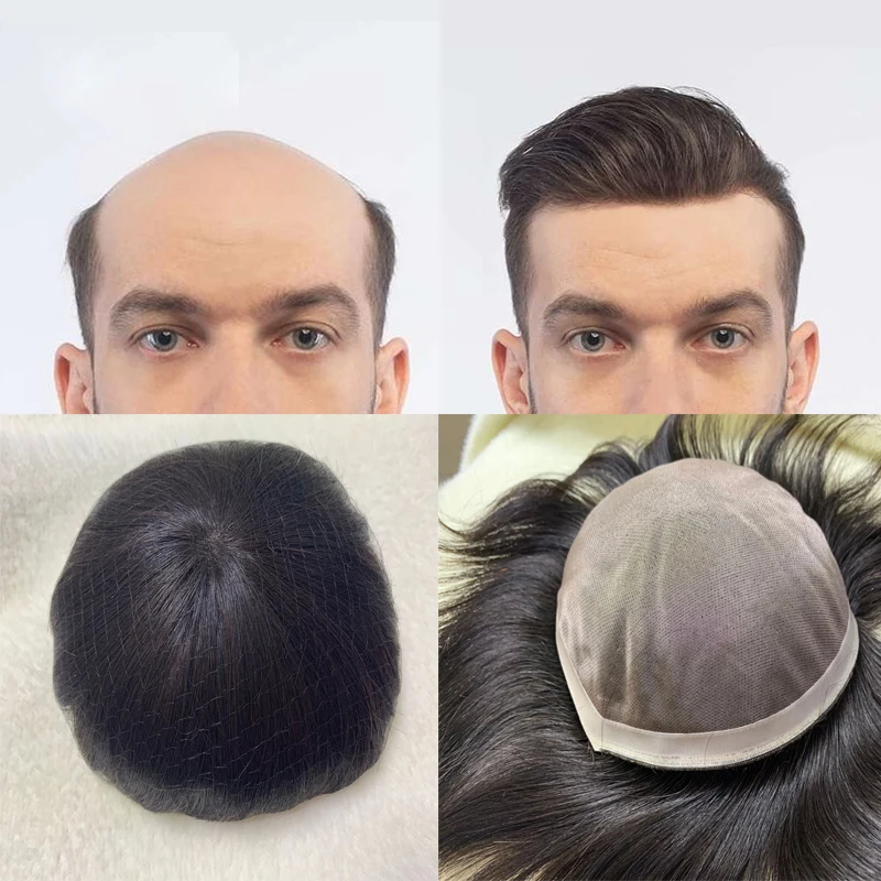 7*9 Mono Swiss Lace Thin PU Durable Men Wig Black Straight Men's Toupee Natural Remy Human Hair Hairpiece Replacement System