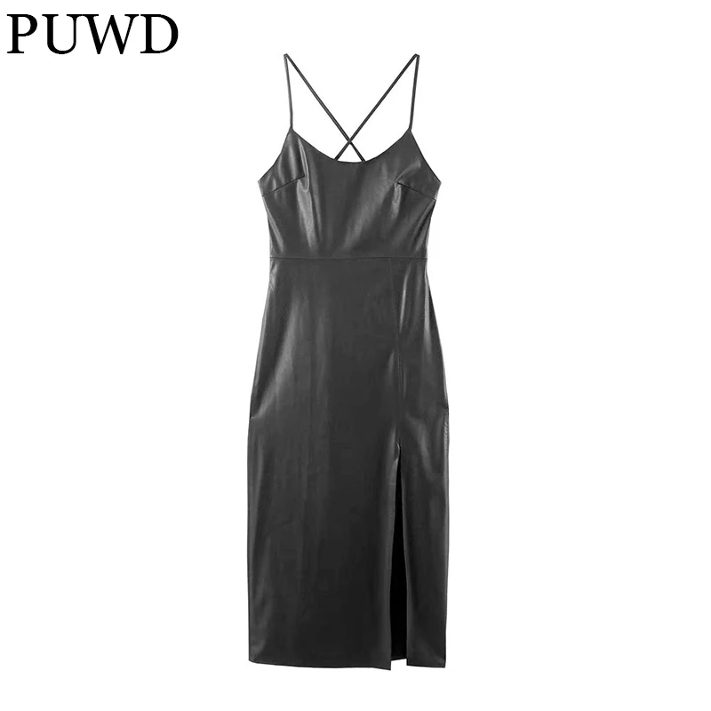 

PUWD Slim Women Black Faux Leather Lingerie Cross Sling Dress 2021Autumn Sexy Split Fork Solid Retro Dress Backless Female Skirt