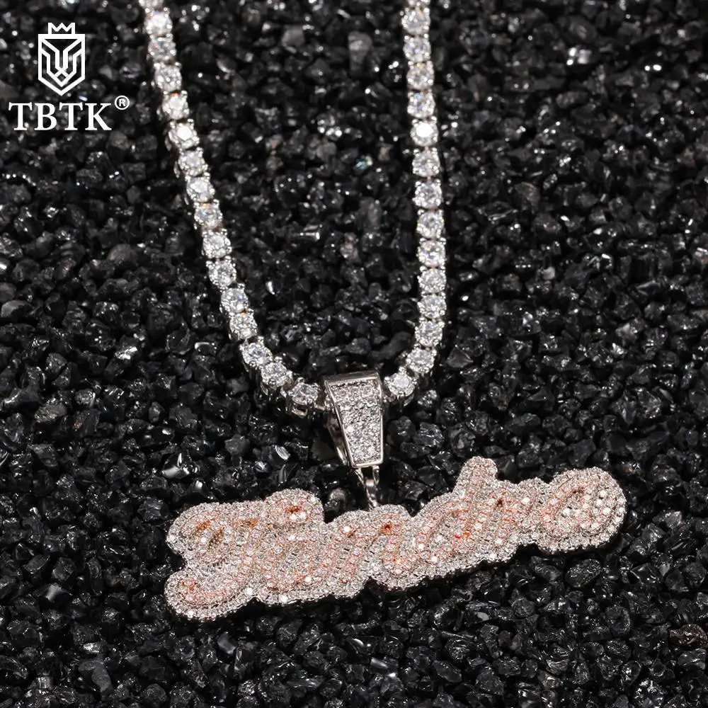 TBTK-collar con nombre personalizado para mujer, colgante con letras de escritura de Estilo Hawaiano, Burbuja, Circonia cúbica blanca y rosa, joyería de hip hop