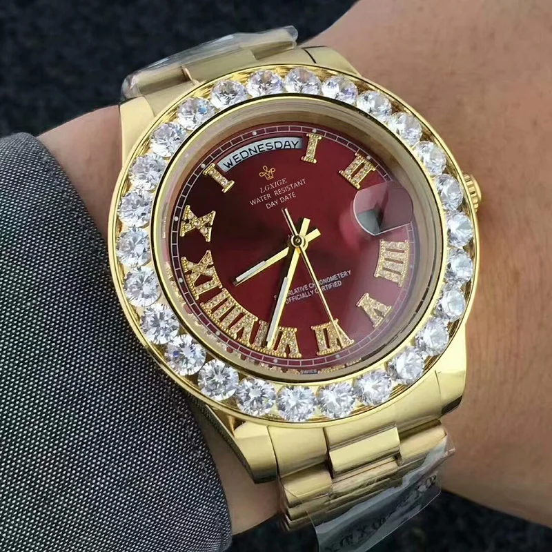 كبير الماس العلامة التجارية الفاخرة الذهب ساعة الرجال الفولاذ المقاوم للصدأ اليوم تاريخ ساعة يد رجالي رئيس ساعة الذكور العلوي ل relogio masculino
