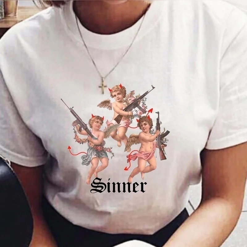 

JBH-Angel Devil Sinner T-Shirt Women Cute Aesthetic Grunge Swag Printed Tee Hipsters Satanic Shirt Street Style Fashion Top