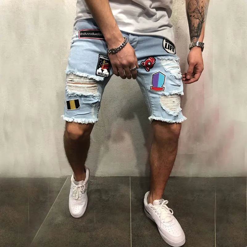 Summer Men Stretchy Ripped Skinny Biker Embroidery Print Jeans Shorts Destroyed Hole Taped Slim Fit High Quality Denim Shorts