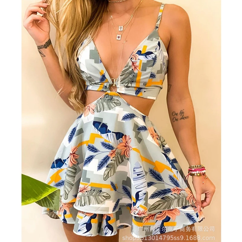 

Mandylandy Dress Summer V-neck Backless Spaghetti Strap High Waist Dress Women's Sexy Slim Hollow Out Ruffles Stitching Dress