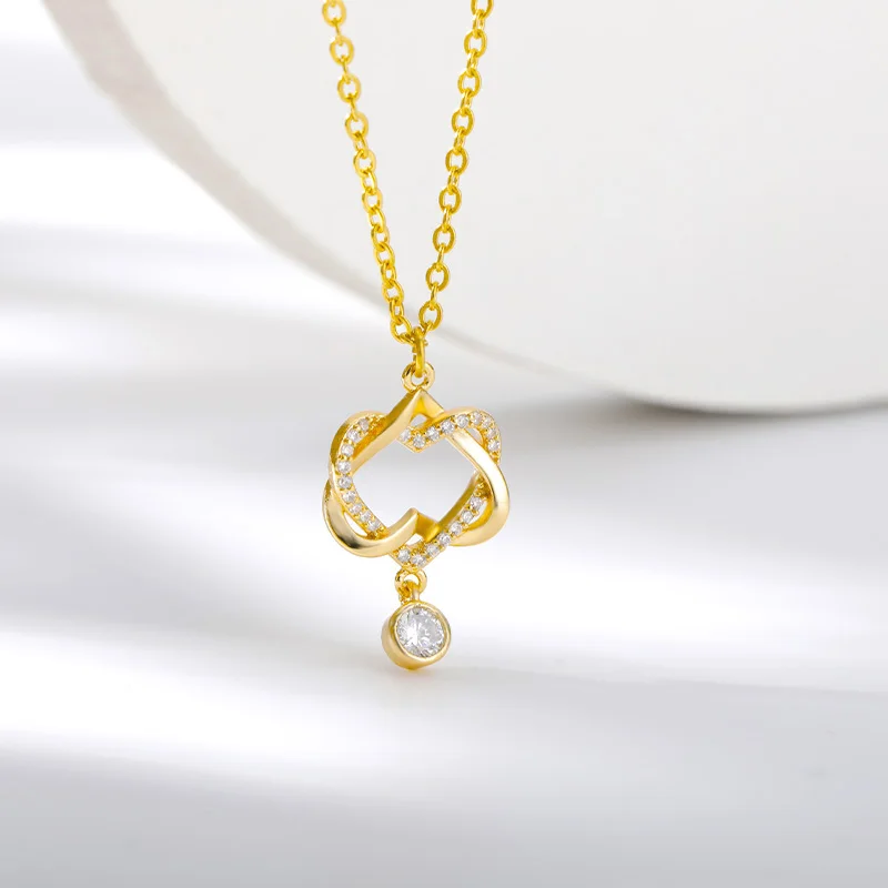

RXSMll Dual Heart Knot Necklaces For Women Stainless Steel Gold Intertwined Love Heart Zircon Pendant Couple Jewelry Gift Bijoux