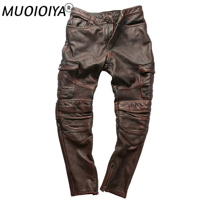 

Брюки мужские из натуральной воловьей кожи, приталенные мотоциклетные штаны для верховой езды, кожаные трендовые штаны, 2021
