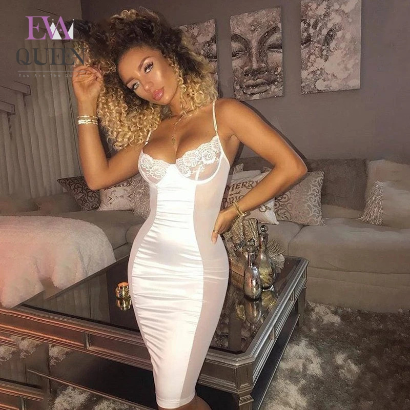 Женское кружевное платье EvaQueen белое на тонких бретельках с открытой спиной и