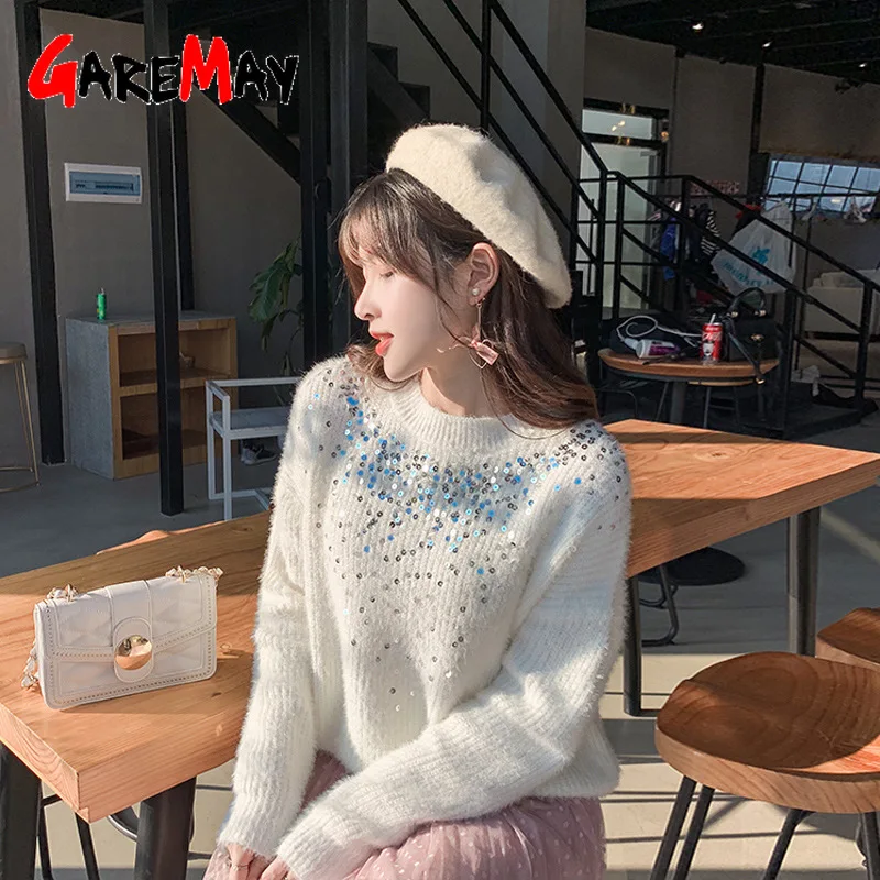 Зимний женский свитер с блестками вязаный пуловер свободный толстый теплый