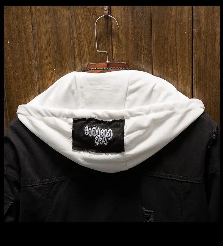 Повседневная мужская джинсовая куртка с капюшоном свободная дырками однотонная