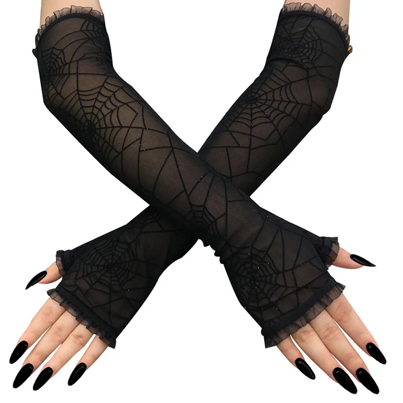 

1 Pair Half Finger Mesh Gloves Black Gloves Halloween Decoration Cosplay Performance Gloves Spider Web Pattern Women Gloves