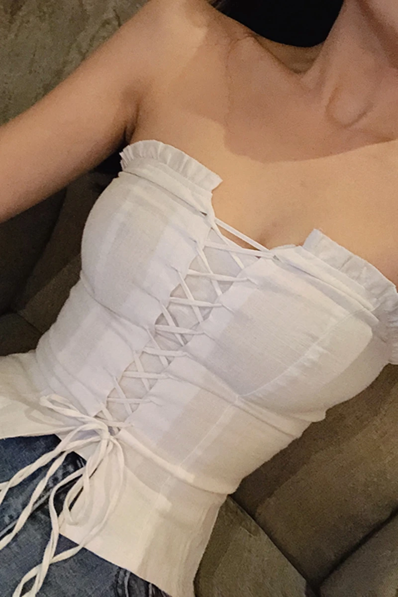 

2021 Women Summer Fashion Sexy Strapless Top Lace-up Slim Sleeveless Tube Top Elegant All-Match Short Vest Off-the-Shoulder Top