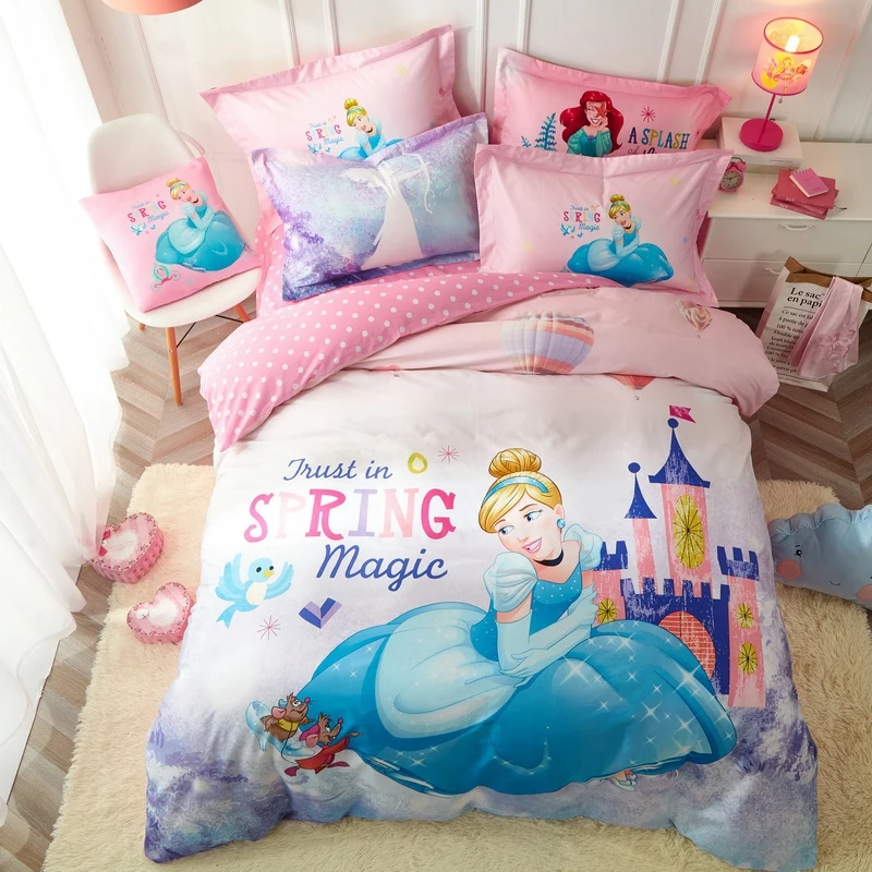 Disney Pink Cinderella Princess Children Girls Bedroom Decoration Down Duvet Quilt Cover Pillowcase Bedding Set Home Spin