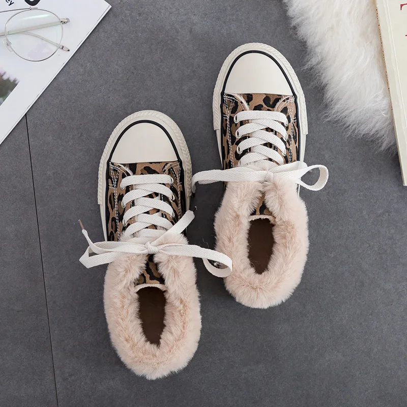 Женские парусиновые ботинки с леопардовым принтом теплые женские зимние модные