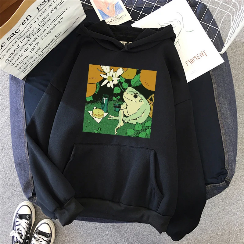 

Women's Hoodie Funny Cartoon Frog Print Sweater Pocket Harajuku Winter Leisure Retro Fashion Men's Pullover Sweetshirts