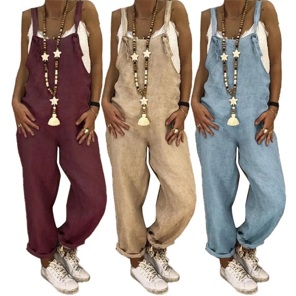 

Women Casual Solid Color Sleeveless Adjustable Straps Loose Jumpsuit Bib Overall