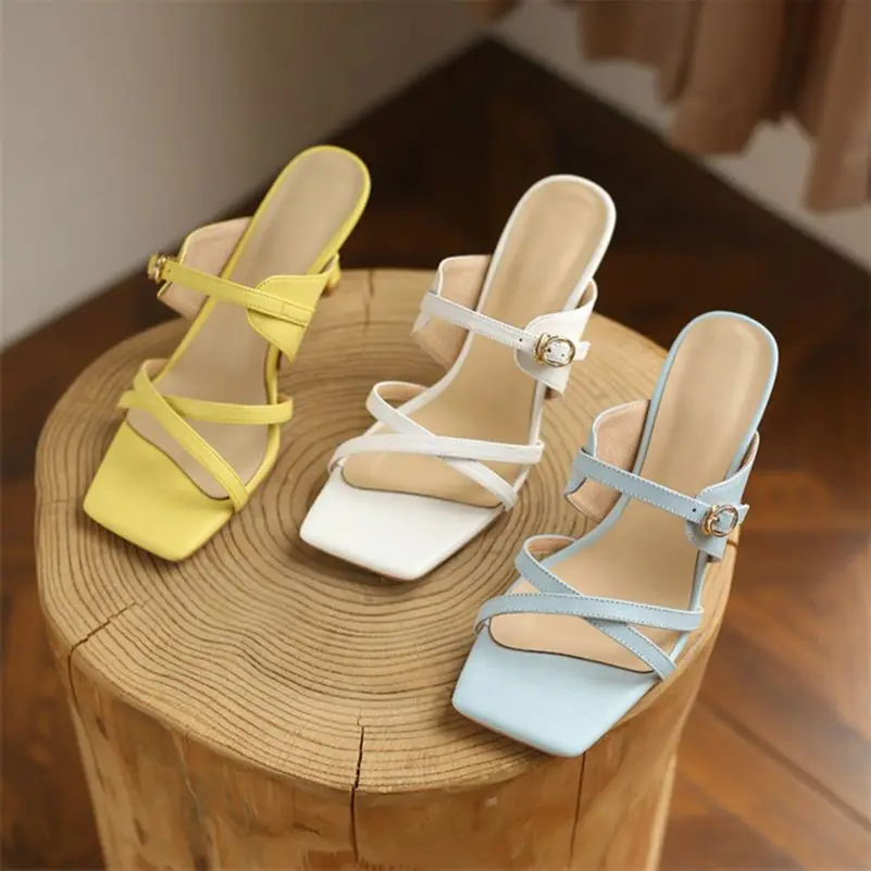 

ANNYMOLI Women Slippers Shoes Real Leather Sandals Med Heel Thin Heel Slides Square Toe Narrow Band Ladies Footwear Summer 40