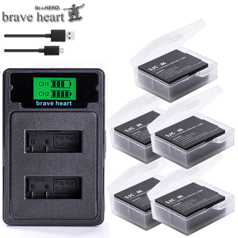charger and 5battery Аккумулятор SJCAM sj4000+ sj 4000 sj 5000 sj 6000 Dual USB зарядное устройство для камеры sj4000 sj5000 sj6000 sj7000 SJ8000 SJ M10 - Цвет: charger and 5battery