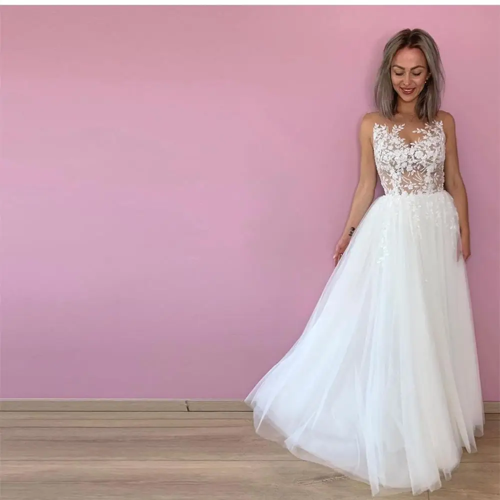 

2021 Wedding Dresses A-Line Deep V-Neck Sleeveless Lace Appliques Illusion Tulle Floor Length Formal Bridal Gowns Custom Made