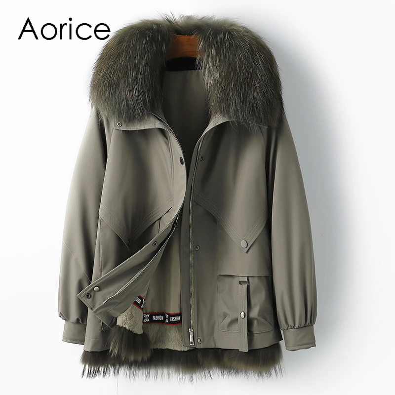 

Aorice Women Winter Real Rabbit Fur Coat Jacket Female Raccoon Collar Overcoats Parka Trench CT169