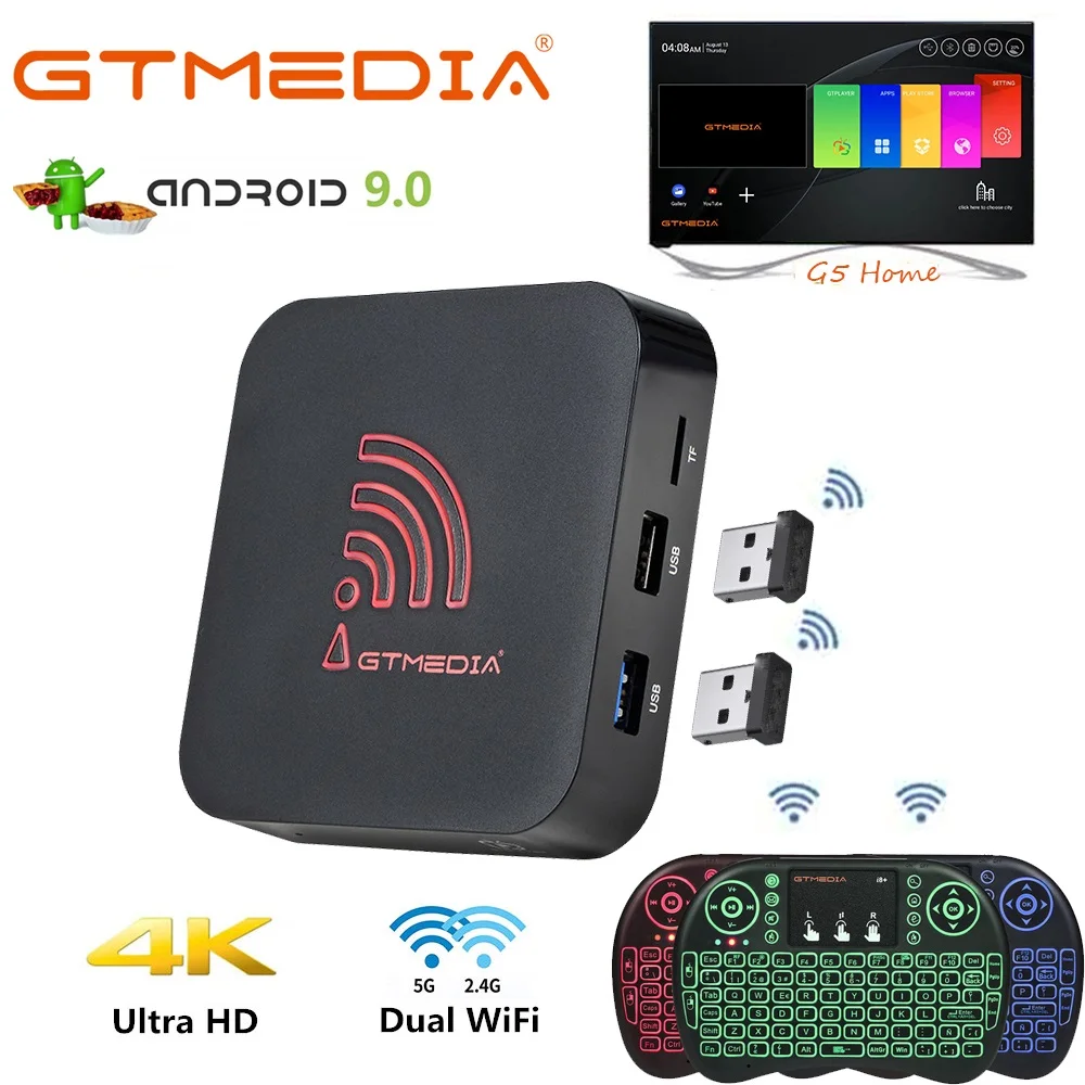 

Android 9.0 TV Box GTMEDIA G5 Amlogic S905X2 4GB+64GB Quad-Core ARM 2.4G+5G WIFI Bluetooth 4k HDR Set-Top- Box Media Player