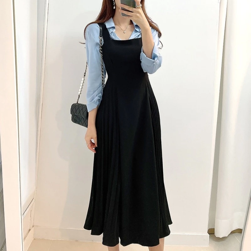 

2021 Korean Summer Strap Dresses Square Collar Temperament Slim Waist Pleated Dress Women Vestidos Mujer