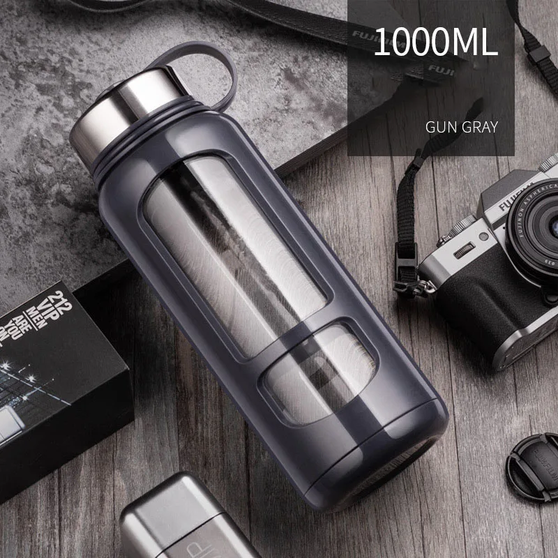 No words gray 1000ml JOUDOO 700 мл 1000 мл портативные стеклянные бутылки для воды открытая космическая бутылка Спортивная бутылка для воды герметичная велосипедная альпинистская Подарочная 35 - Цвет: No words gray 1000ml