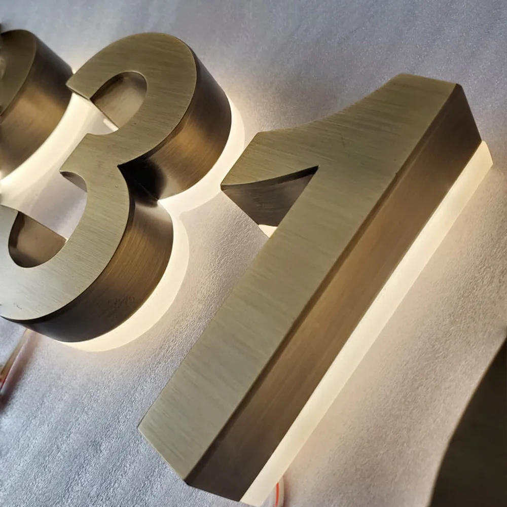 Wholesale silver brushed reverse-lit painted stainless steel led channel letter number with white acrylic back warm light