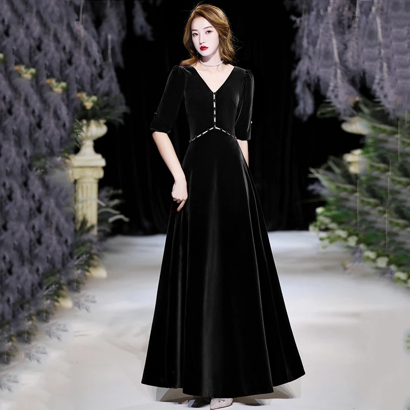 

Evening Dress Elegant Backless Deep V-Neck Half Sleeves A-Line Button Floor-Length Black Velour New Woman Formal Party Gown A668