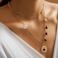 fashion butterfly necklace geometric asymmetry crystal water drop pendant flower multilayer clavicle chain jewelry for women