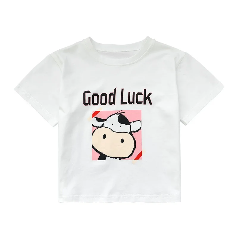 

Boys and girls summer cartoon cow loose Tees unisex children cotton loose casual short sleeve Tops