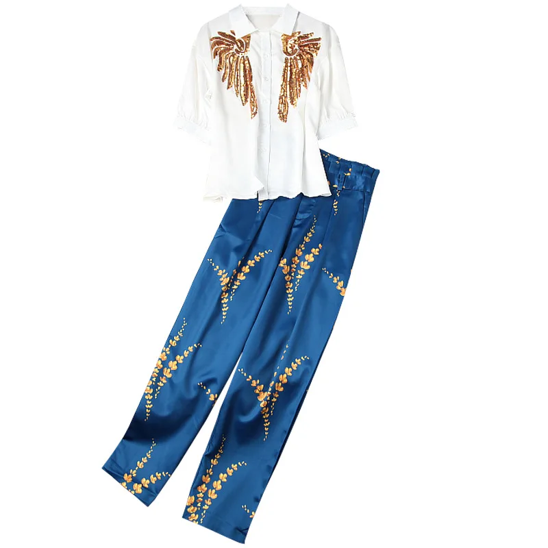 

Luxury Designing High Street Women Style Two Pieces Pants Sets Sequined Shirt Print Trousers Slim Fashion Twin Sets Outfits