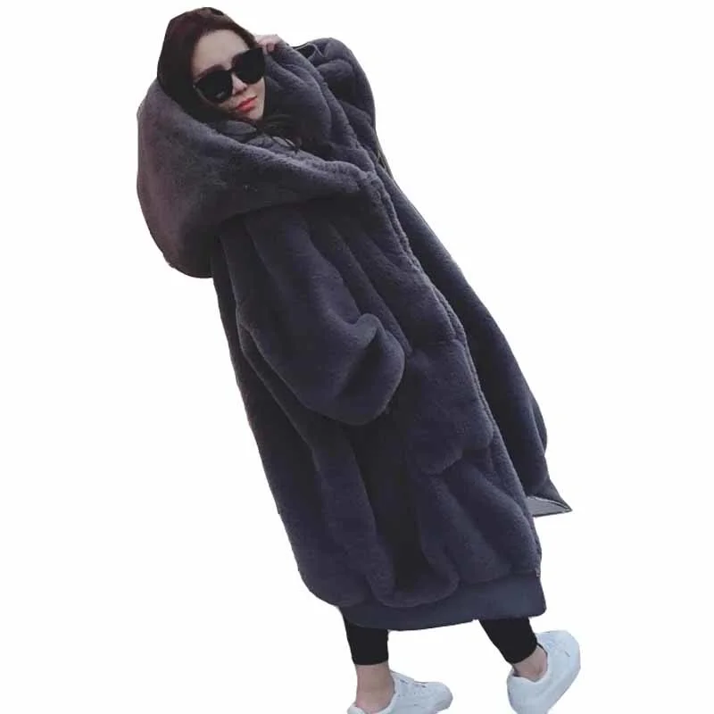 

Женское зимнее теплое пальто SHZQ, Высококачественная куртка с капюшоном из искусственного кроличьего меха, новинка 2021, женское элегантное С...