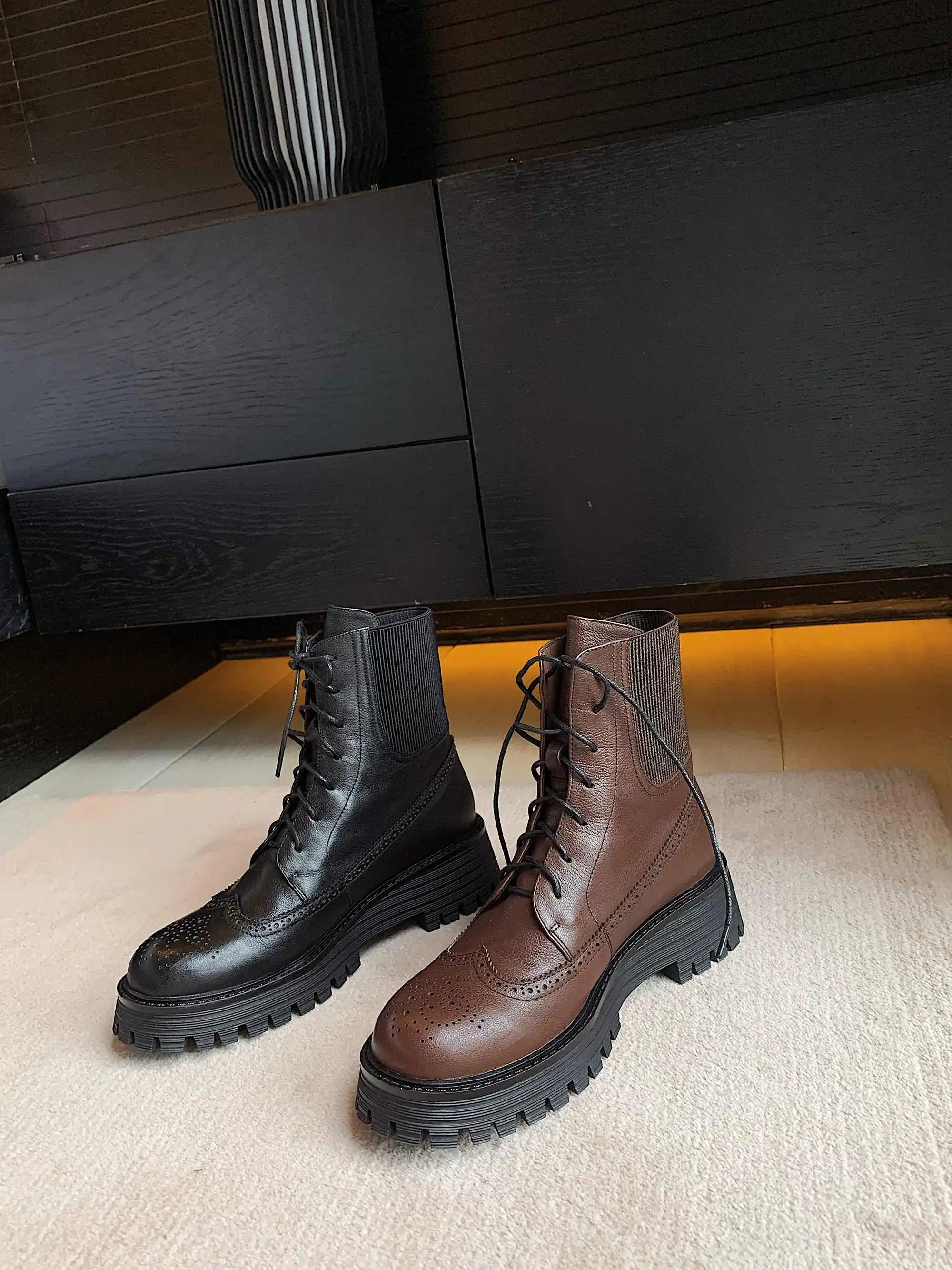 

Lenkisen 2020 motorcycle boots real leather knitting carving platform thick high heel round toe lace up coolest ankle boots L55