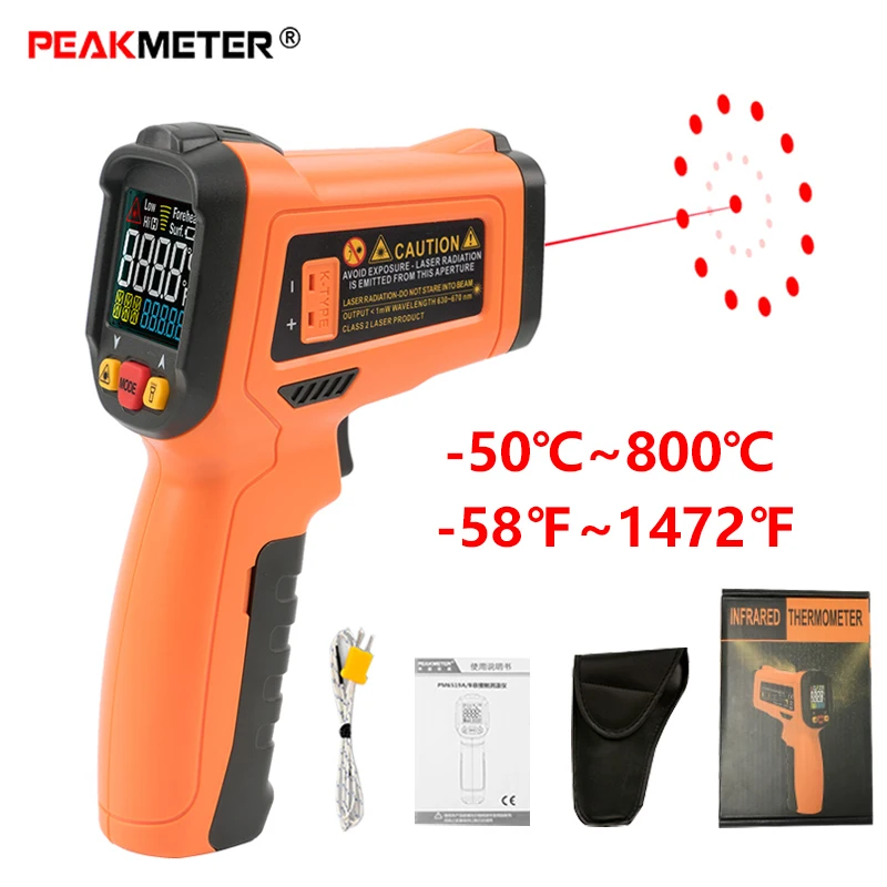 PEAKMETER PM6530C LCD Laser Digital Infrared Thermometer Temperature gun meter -50~800 with K type Ambient UV Light bathtub