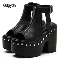 gdgydh platform high heeled shoes women bucke strap open toe hot ins punk cool gothic womens sandals hollow out chunky heel