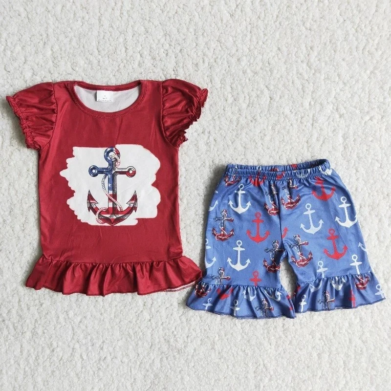 

Оптовая продажа, эксклюзивная Одежда для младенцев, летняя рубашка с красным якорем для маленьких девочек, синие шорты с оборками, наряды, д...