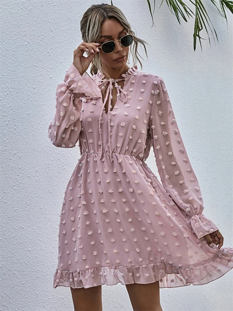 

2022 Spring Women Lace up Pink Applique Chiffon Shirt Dress Ladies Boho Ruffle Neck Long Sleeve High Waist Mini Dress Vestidos